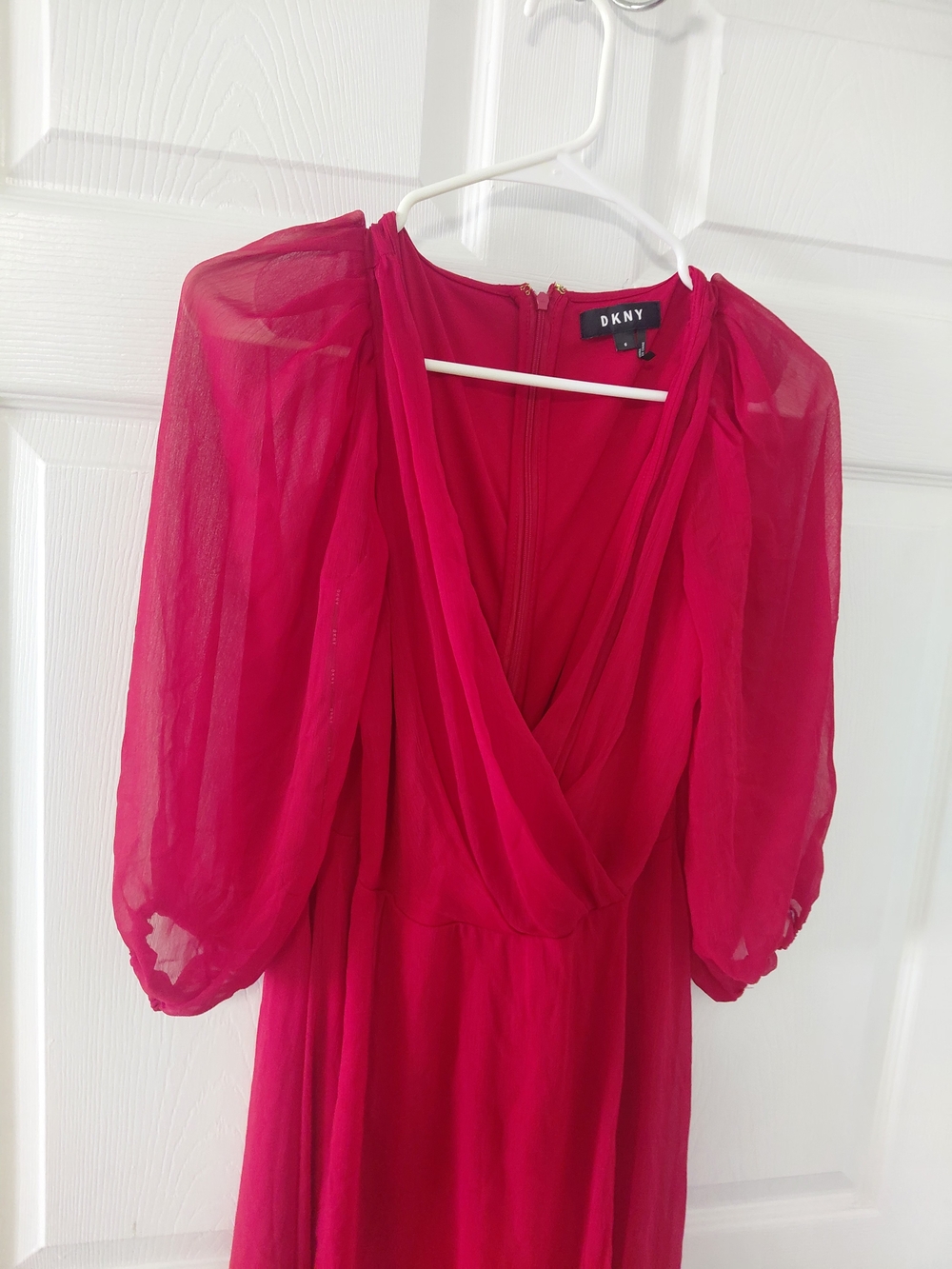 DKNY Fuchsia Wrap-Front Puff Sleeve Dress